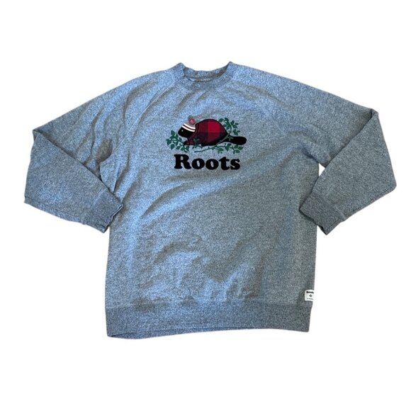 Roots Canada Sweatshirt Gray Beaver Logo With Toque Hat Pom Pom L/G Crewneck - Picture 1 of 7